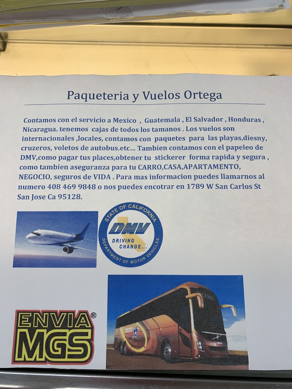 Paquetería y Vuelos Ortega | 1789 W San Carlos St, San Jose, CA 95128 | Phone: (408) 469-9848